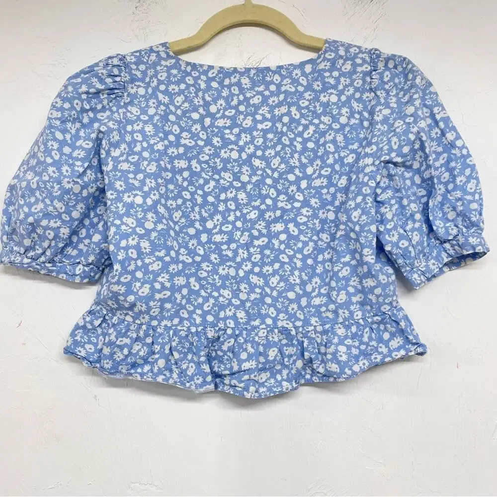 Zara Blue White Ditsy Floral Puff Sleeve Button Down Crop Top Blouse S Ruffled